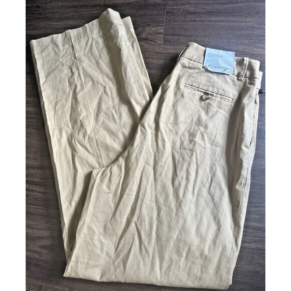 Calvin Klein Women's Linen Blend Pants Trendy Pleated Wide Leg Trouser Tan 10 - Picture 5 of 9